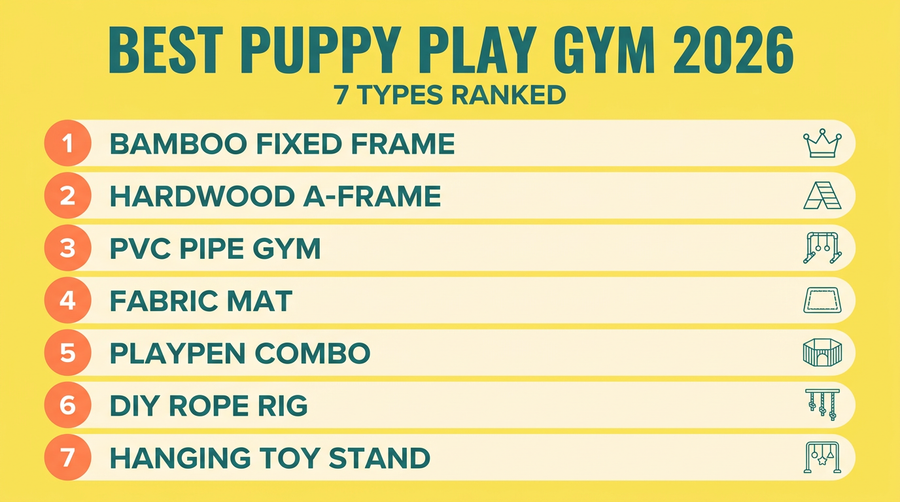 Best puppy play gym 2026 leaderboard ranking 7 types: bamboo fixed frame first, then hardwood A-frame, PVC pipe gym, fabric mat, playpen combo, DIY rope rig, hanging toy stand — Nurtino brand infographic
