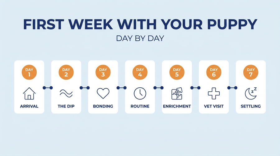 First week with your puppy day-by-day timeline: day 1 arrival, day 2 the dip, day 3 bonding, day 4 routine, day 5 enrichment, day 6 vet visit, day 7 settling — Nurtino brand infographic