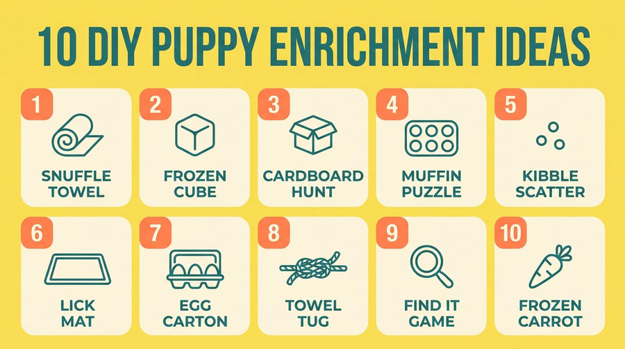 10 DIY puppy enrichment ideas at a glance — snuffle towel, frozen cube, cardboard hunt, muffin puzzle, kibble scatter, lick mat, egg carton, towel tug, find-it game, frozen carrot — Nurtino brand infographic