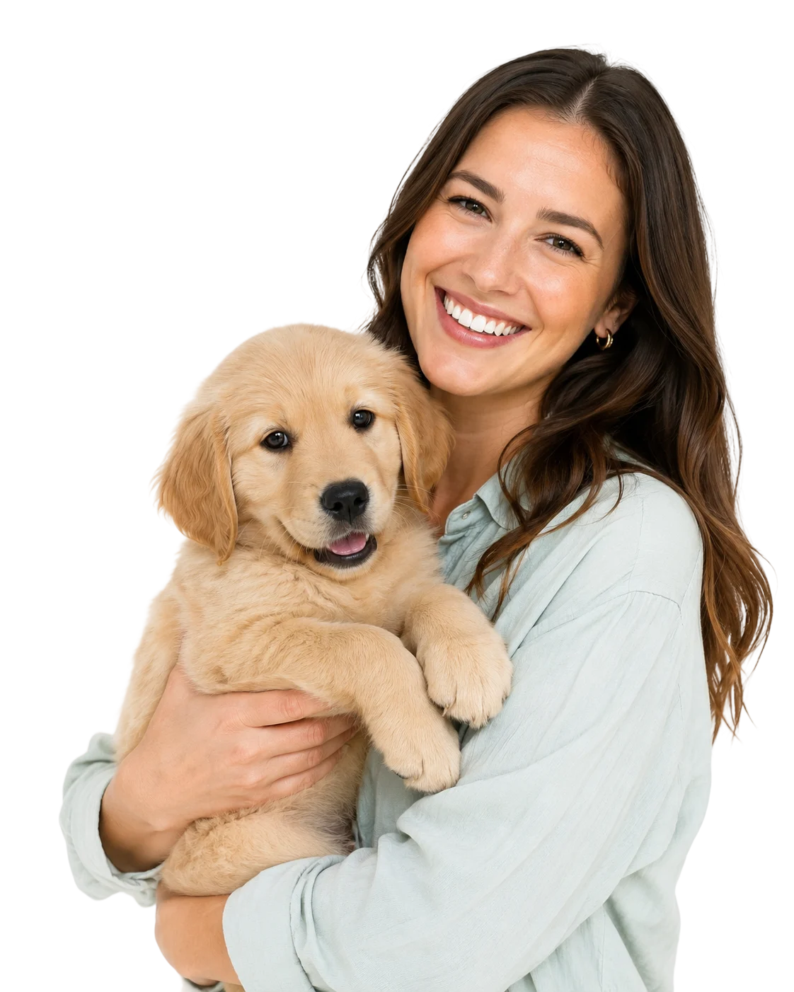 Happy puppy parent holding a golden retriever puppy