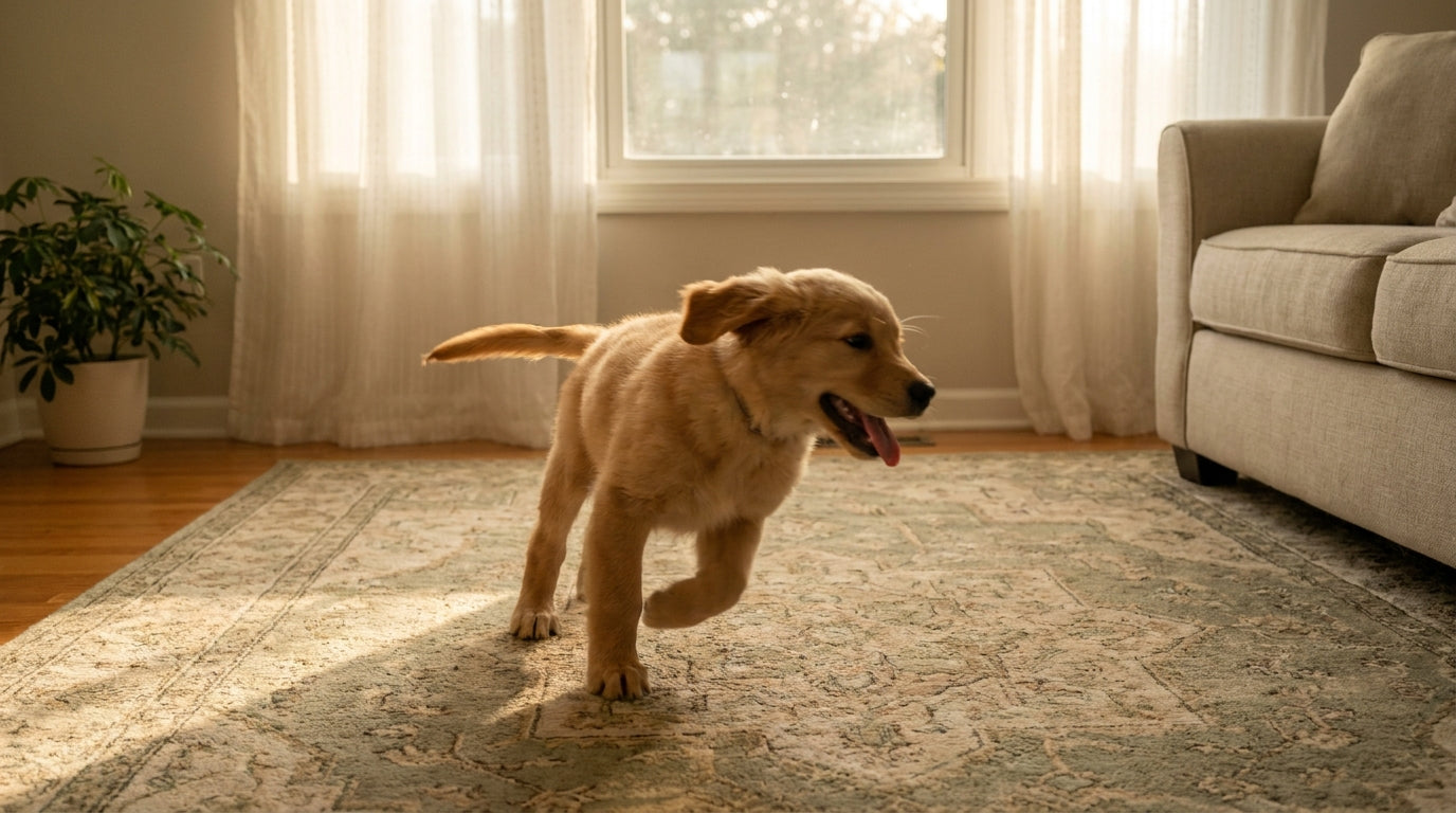 A golden retriever puppy mid-zoomie on an ornate living room rug in warm afternoon light — the classic witching-hour scene