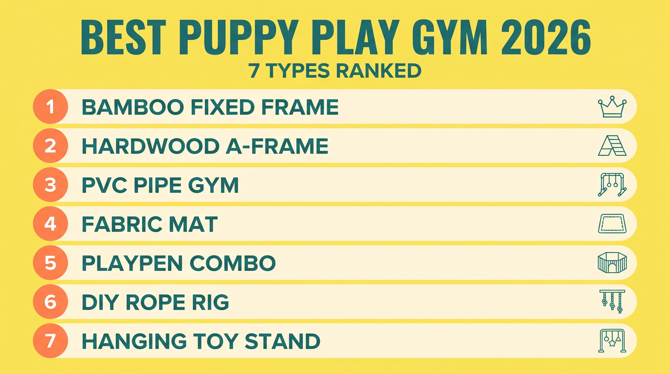Best puppy play gym 2026 leaderboard ranking 7 types: bamboo fixed frame first, then hardwood A-frame, PVC pipe gym, fabric mat, playpen combo, DIY rope rig, hanging toy stand — Nurtino brand infographic