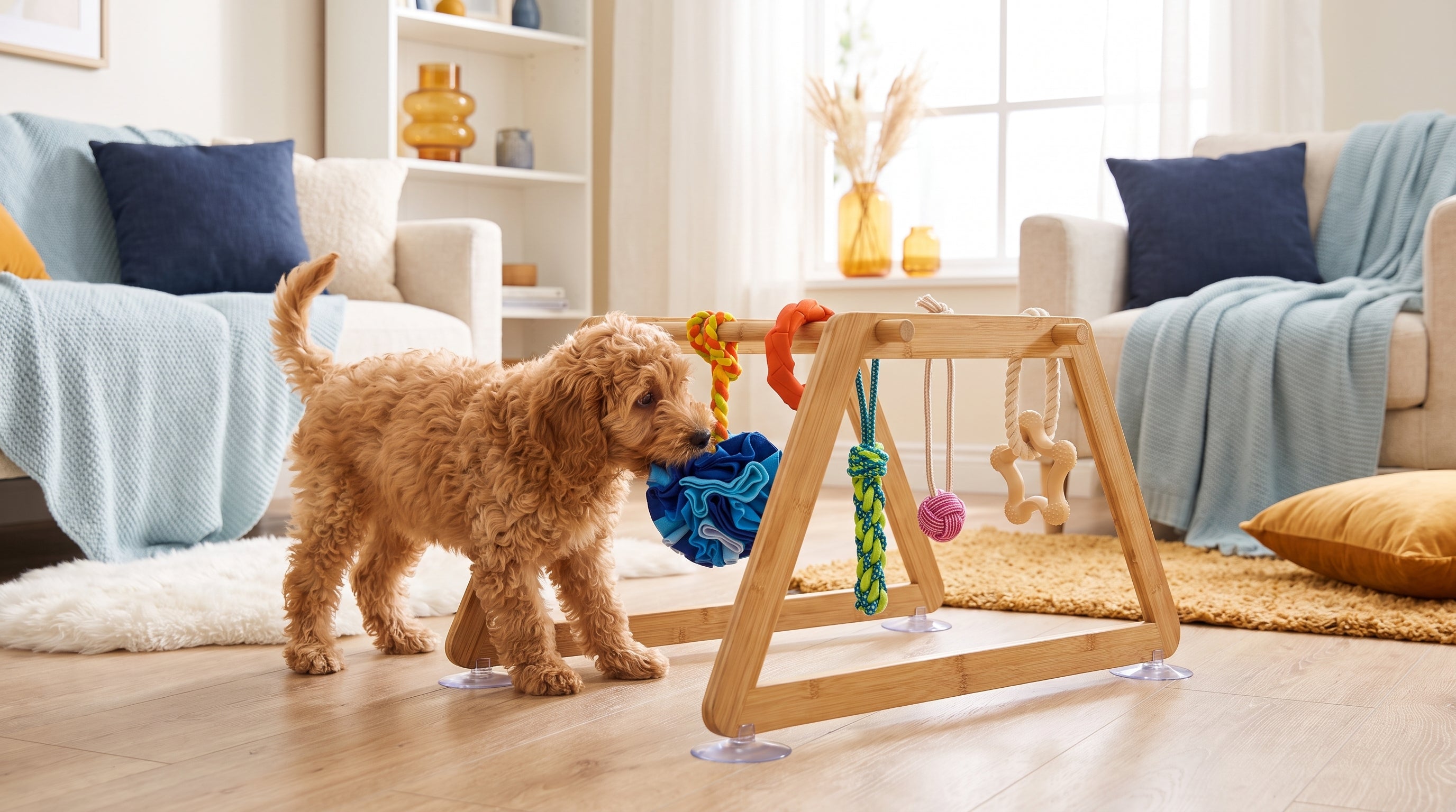 Cockapoo puppy playing beside the Nurtino bamboo play gym, one of the best toys for a Cockapoo puppy during the teething stage