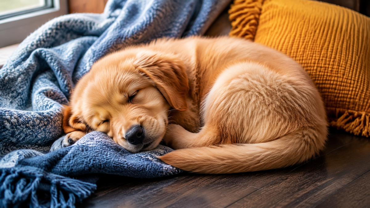 A puppy dozing in a cozy home corner, illustrating a calm point in a puppy nap schedule by age