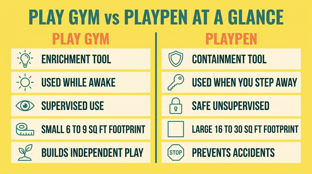 Play gym vs playpen at a glance: a play gym is an enrichment tool for supervised awake time with a small footprint; a playpen is a containment tool for safe unsupervised time with a larger footprint — Nurtino brand infographic
