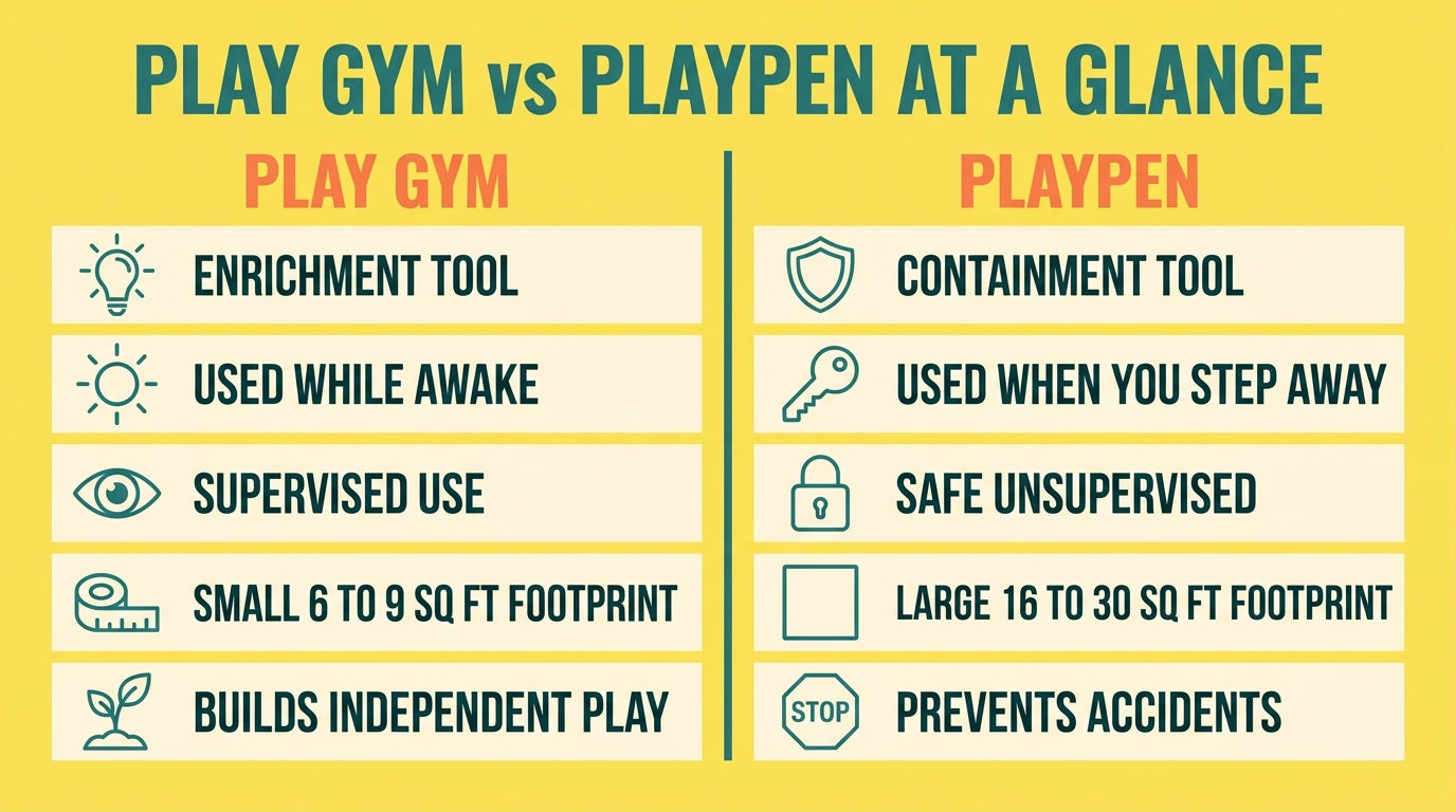 Play gym vs playpen at a glance: a play gym is an enrichment tool for supervised awake time with a small footprint; a playpen is a containment tool for safe unsupervised time with a larger footprint — Nurtino brand infographic