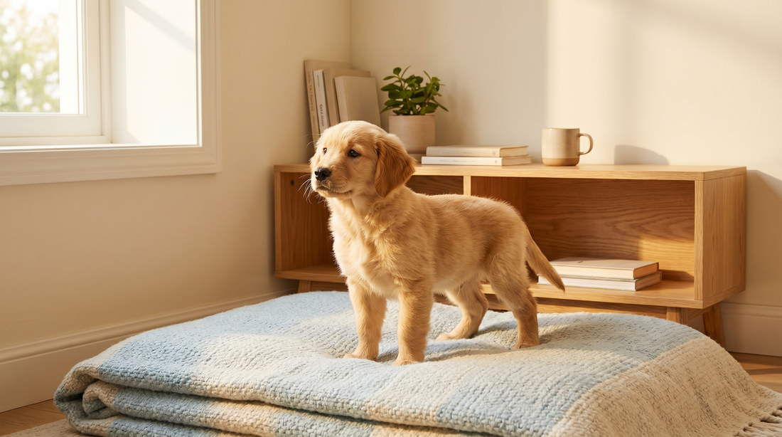 A new puppy exploring a cozy sunlit living room, the kind of first-week moment where first time puppy owner mistakes usually begin