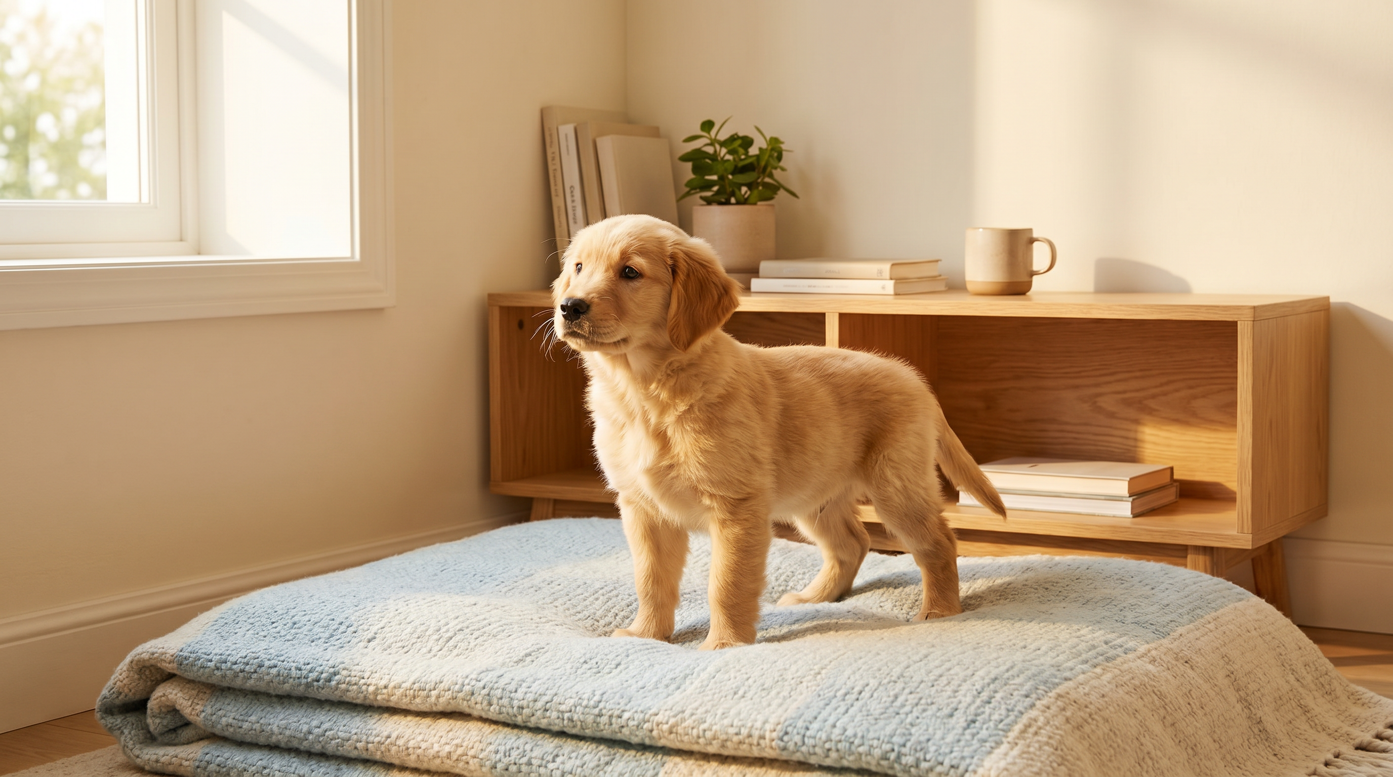 A new puppy exploring a cozy sunlit living room, the kind of first-week moment where first time puppy owner mistakes usually begin