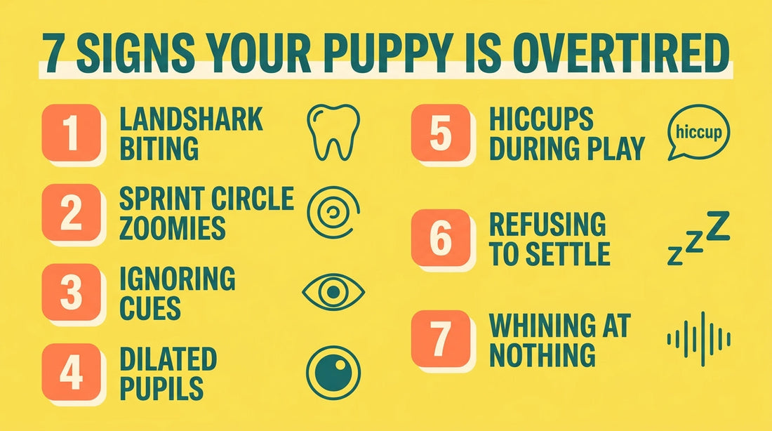 7 signs your puppy is overtired: landshark biting, sprint-circle zoomies, ignoring cues, dilated pupils, hiccups, refusal to settle, whining at nothing — Nurtino brand infographic