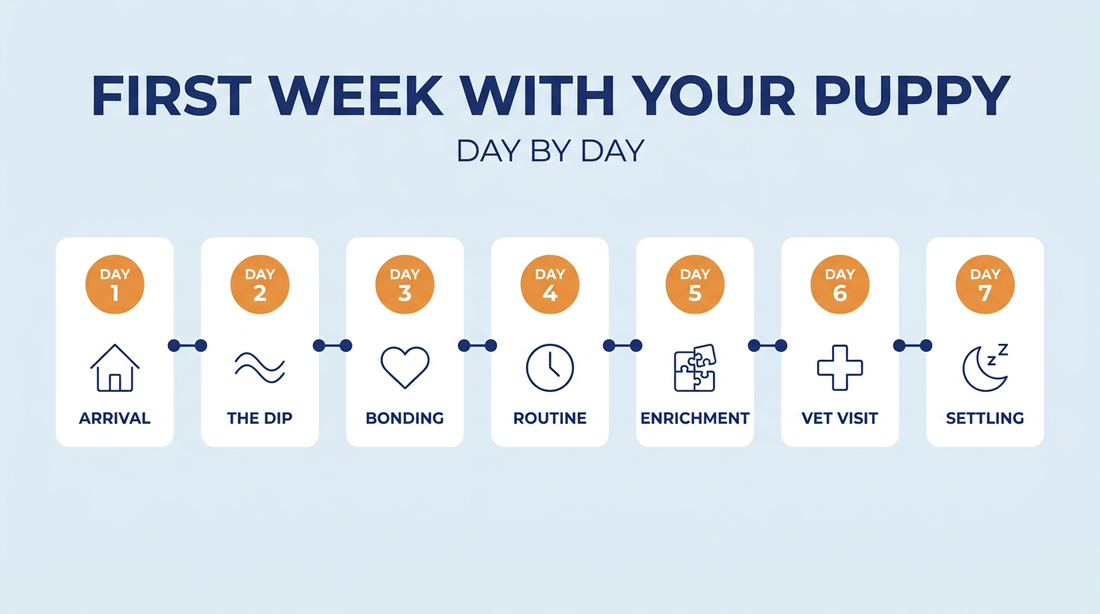 First week with your puppy day-by-day timeline: day 1 arrival, day 2 the dip, day 3 bonding, day 4 routine, day 5 enrichment, day 6 vet visit, day 7 settling — Nurtino brand infographic