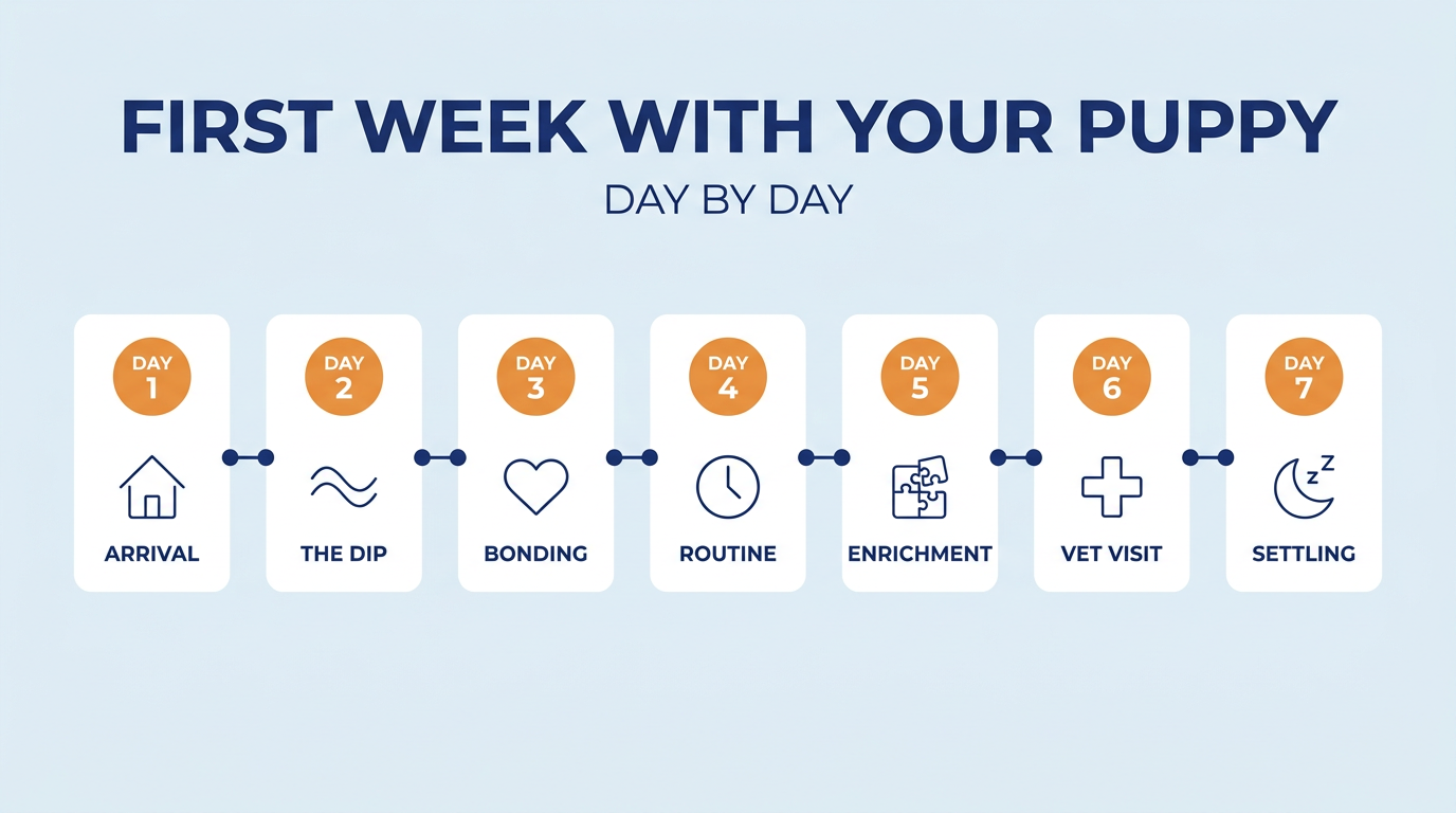 First week with your puppy day-by-day timeline: day 1 arrival, day 2 the dip, day 3 bonding, day 4 routine, day 5 enrichment, day 6 vet visit, day 7 settling — Nurtino brand infographic