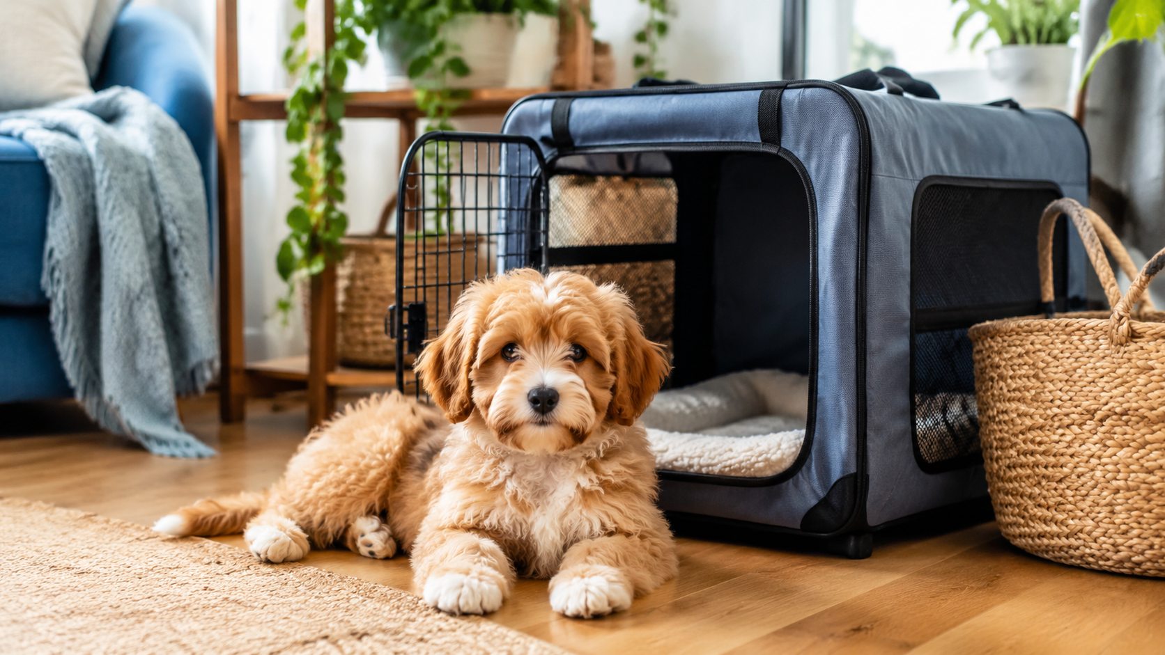 Puppy resting calmly beside an open crate during a puppy crate training schedule in a warm home interior