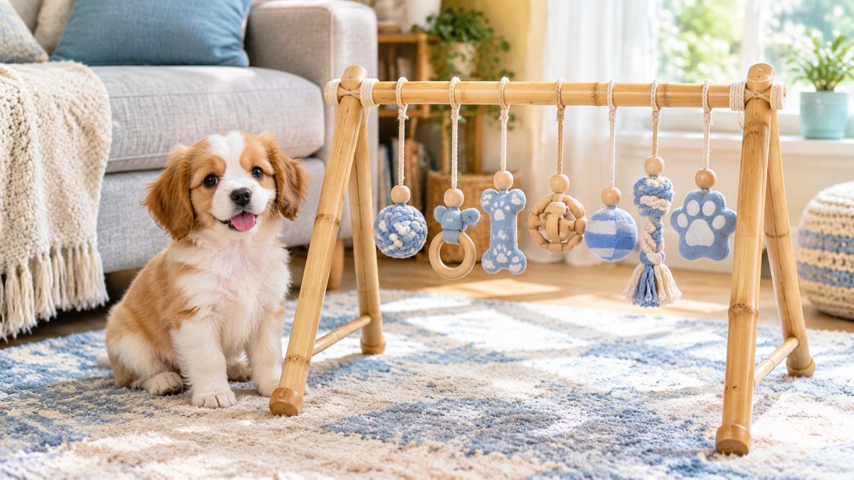 Small breed puppy beside a compact bamboo puppy play gym sized correctly for a small apartment corner