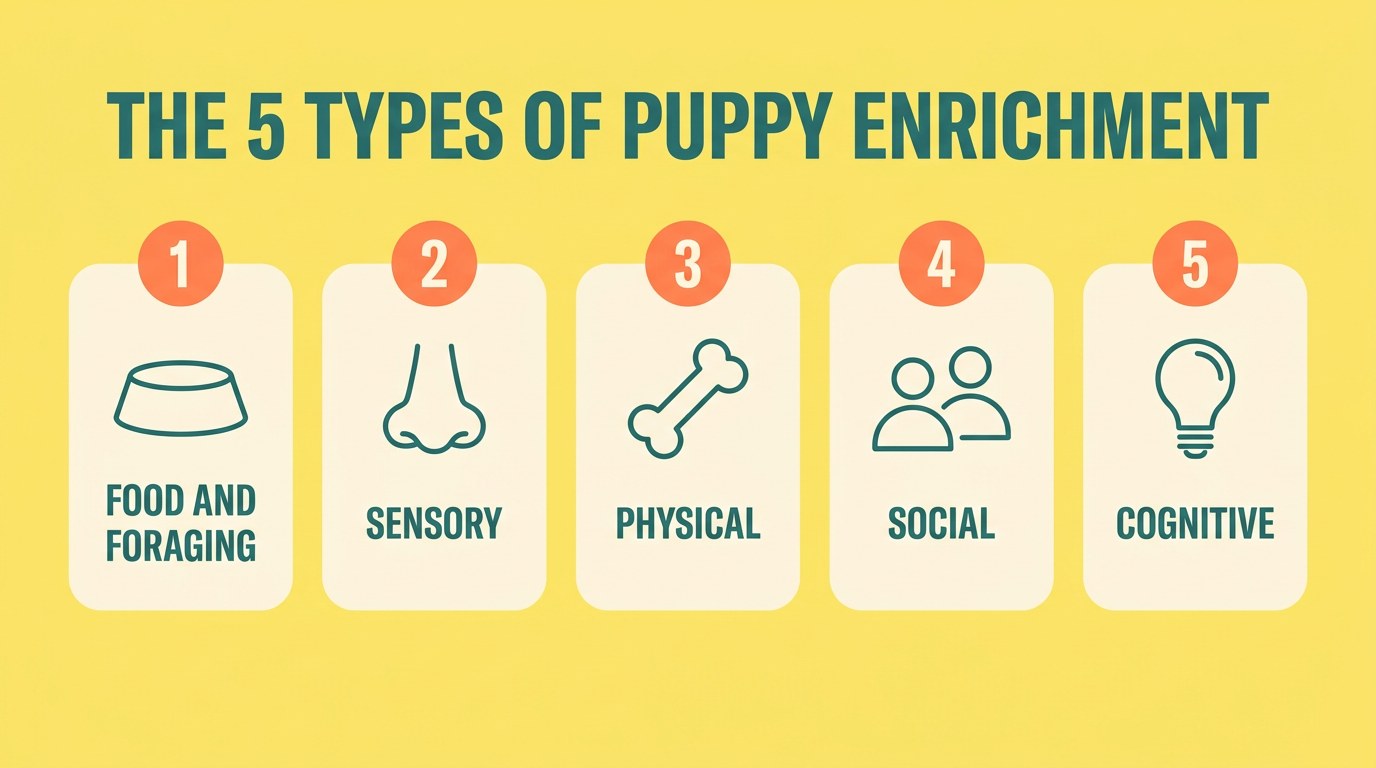 The 5 types of puppy enrichment: food and foraging, sensory, physical, social, and cognitive — Nurtino brand infographic