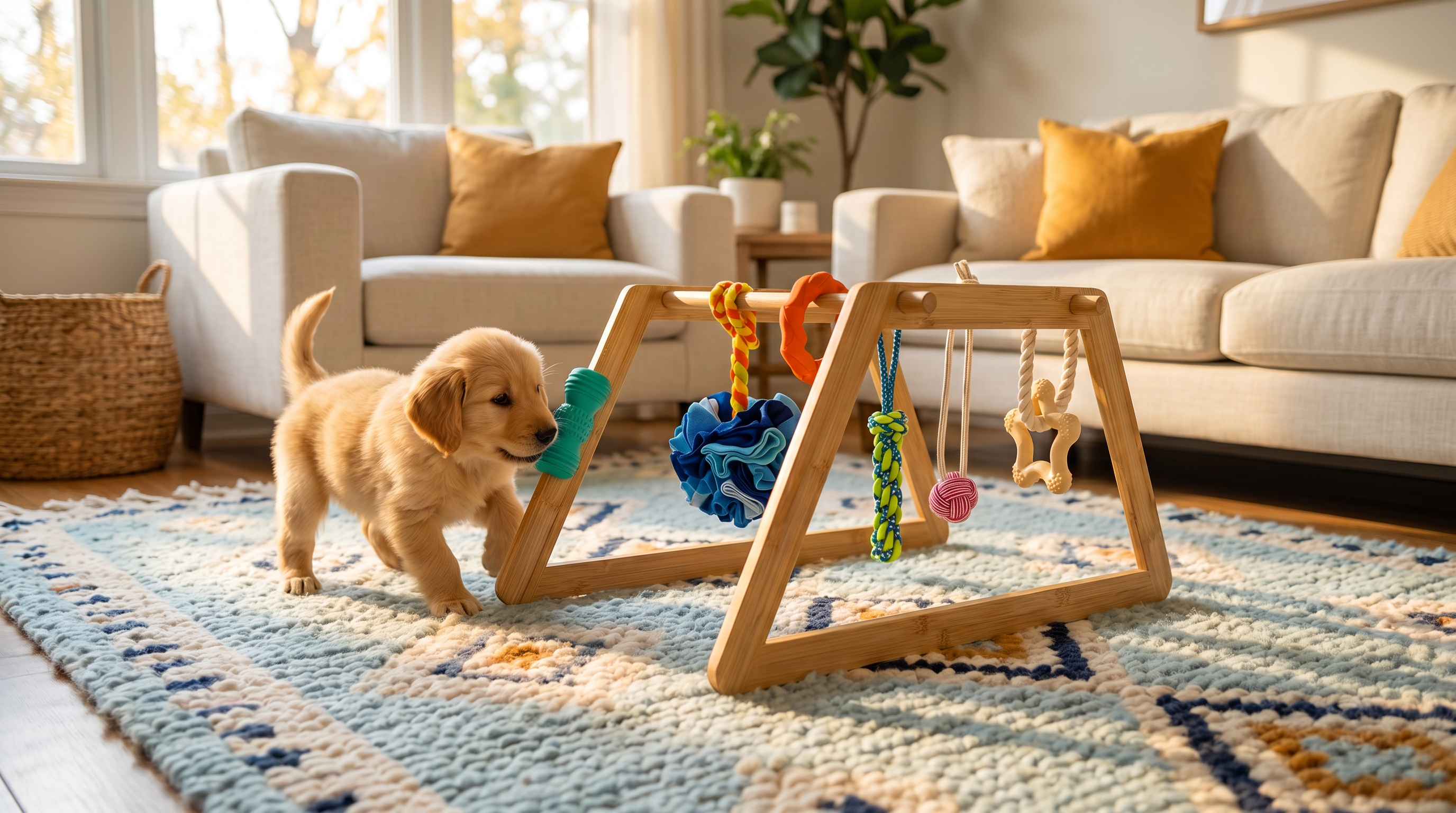 A small puppy beside a natural bamboo puppy play gym with hanging toys in a cozy sunlit living room
