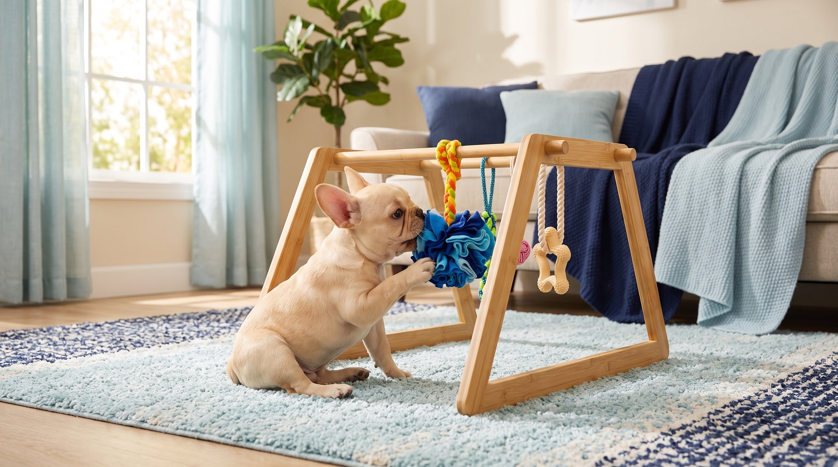 French Bulldog puppy playing with a toy on the Nurtino bamboo puppy play gym, illustrating the best toys for a French Bulldog puppy