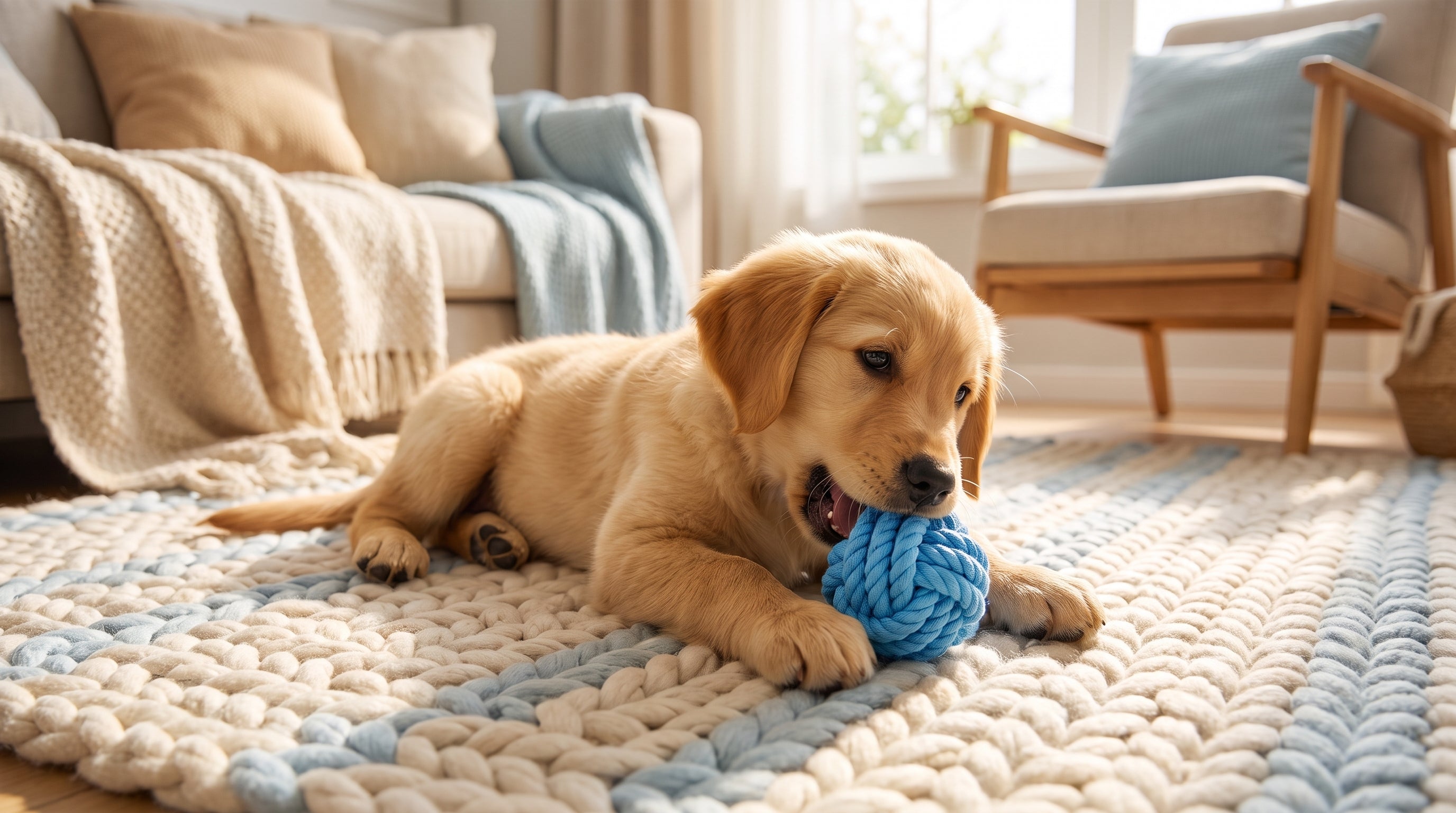Labrador Retriever puppy chewing a rope toy on a rug, illustrating the best toys for a Labrador puppy's strong retrieving bite