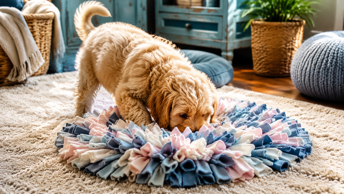 Puppy sniffing through a snuffle mat during a mental stimulation game, an example of nose work enrichment