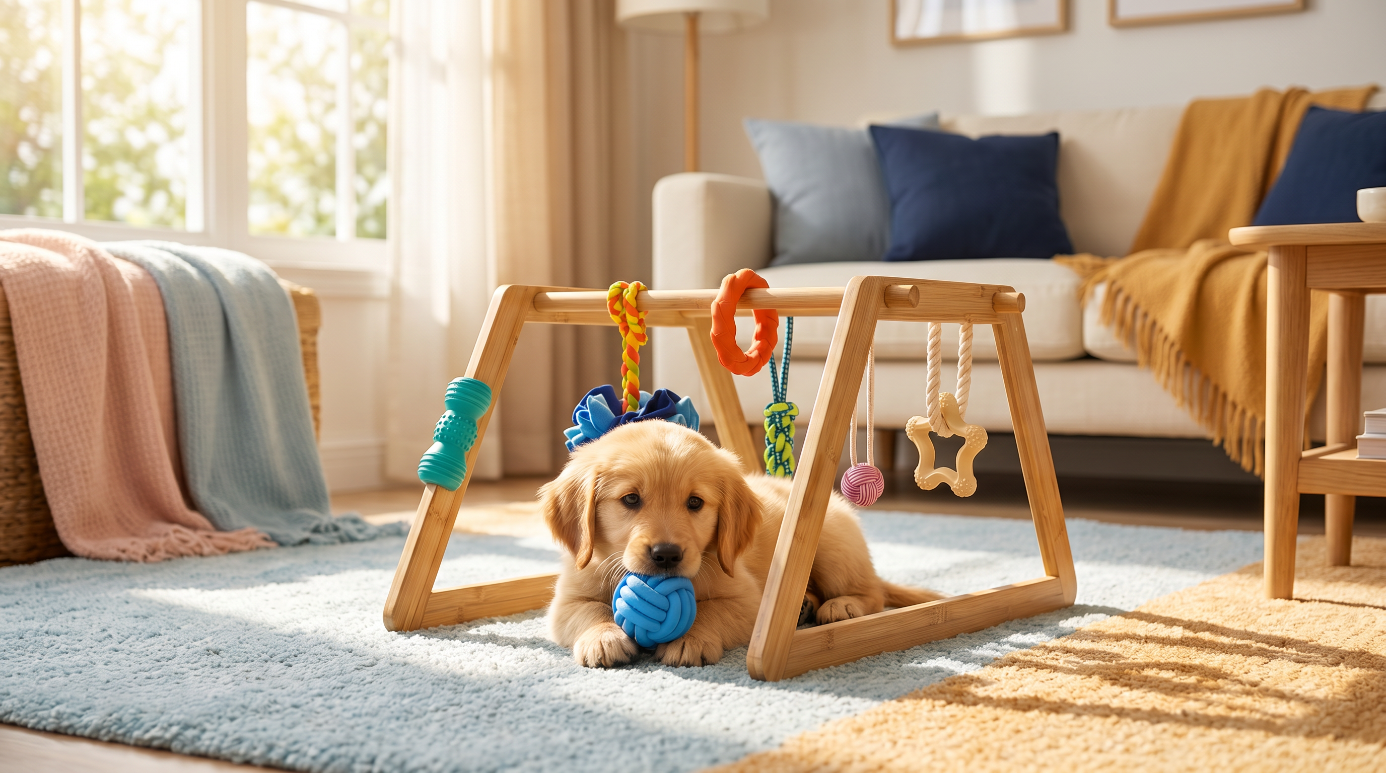 A small puppy chewing the natural bamboo Nurtino play gym instead of destroying furniture, in a warm sunlit living room