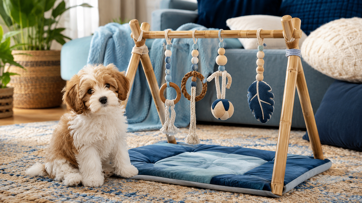 A young puppy exploring the Nurtino bamboo play gym at home, illustrating puppy developmental stages by week during the socialization window