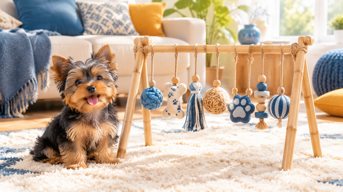 A Yorkshire Terrier puppy beside a natural bamboo puppy play gym with seven hanging toys, a cozy setup for the best toys for a Yorkie puppy