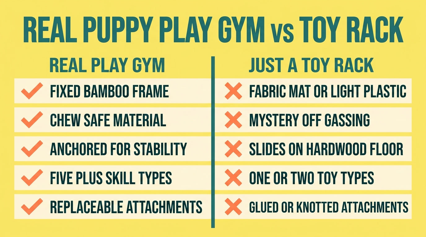 Real puppy play gym vs toy rack — Nurtino brand infographic