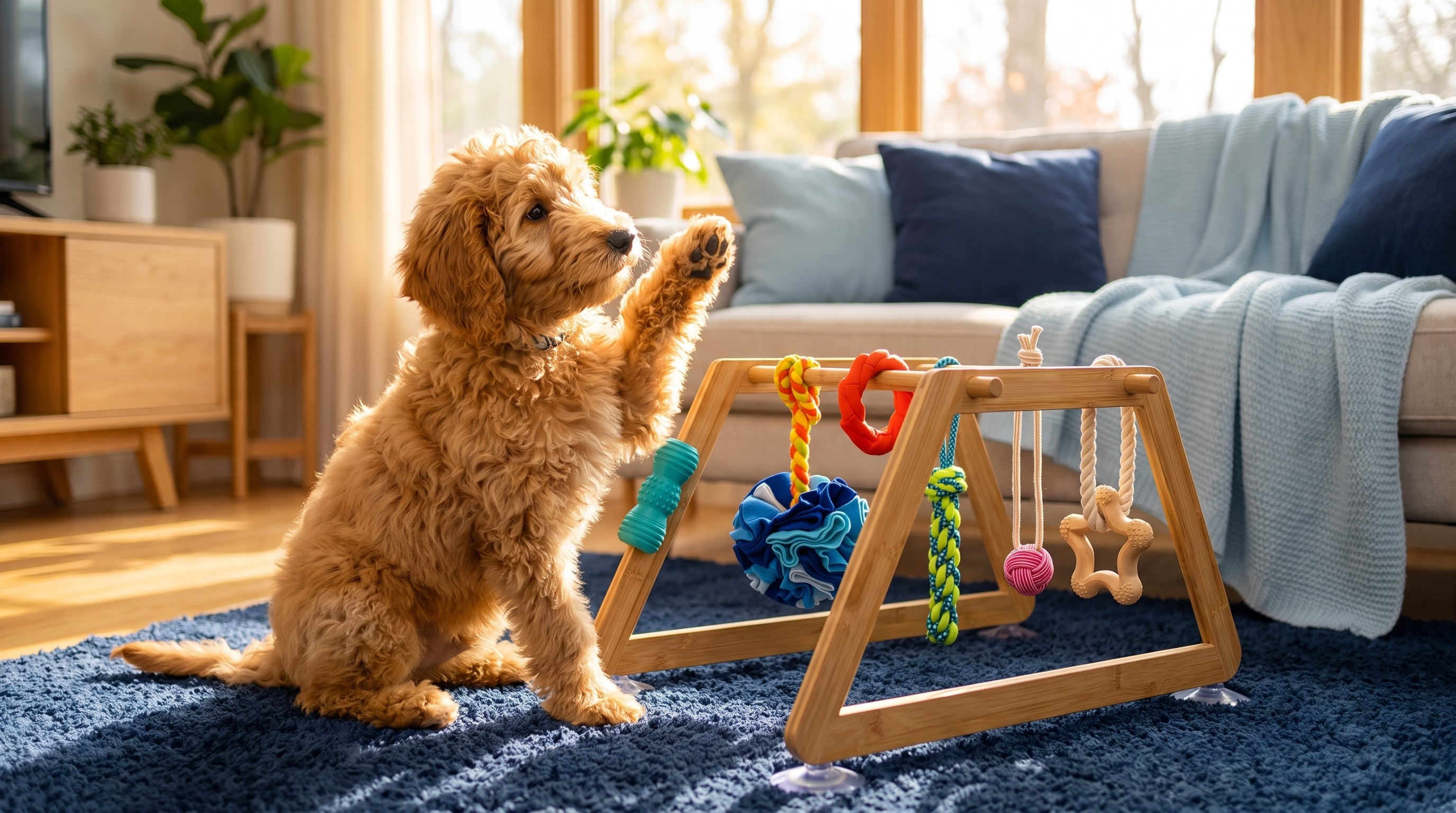 A Goldendoodle puppy exploring the Nurtino bamboo play gym, an example of the best toys for a Goldendoodle puppy in a real home