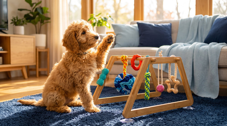 A Goldendoodle puppy exploring the Nurtino bamboo play gym, an example of the best toys for a Goldendoodle puppy in a real home