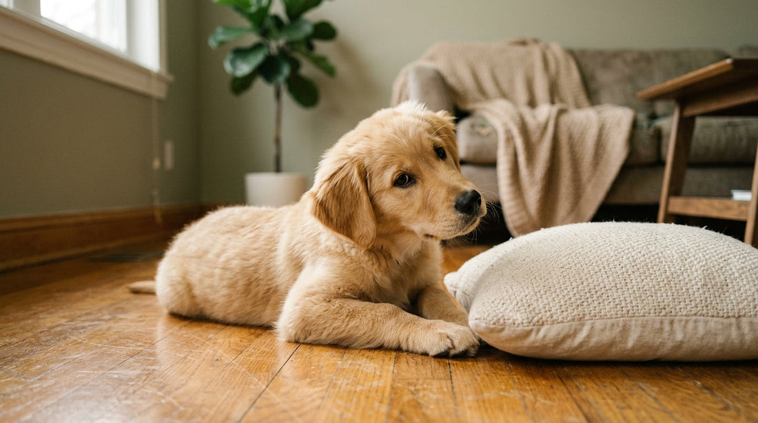 A 14-week-old golden retriever puppy lying next to a cream throw pillow on a wood floor — the moment before another teething-stage destruction begins
