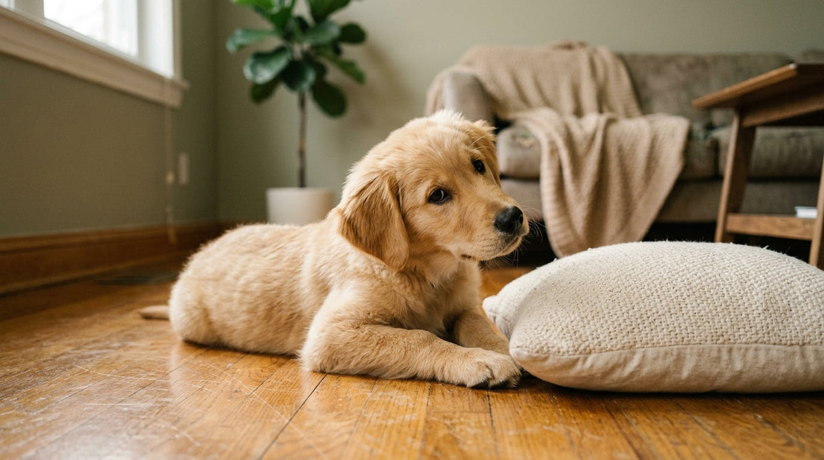 A 14-week-old golden retriever puppy lying next to a cream throw pillow on a wood floor — the moment before another teething-stage destruction begins