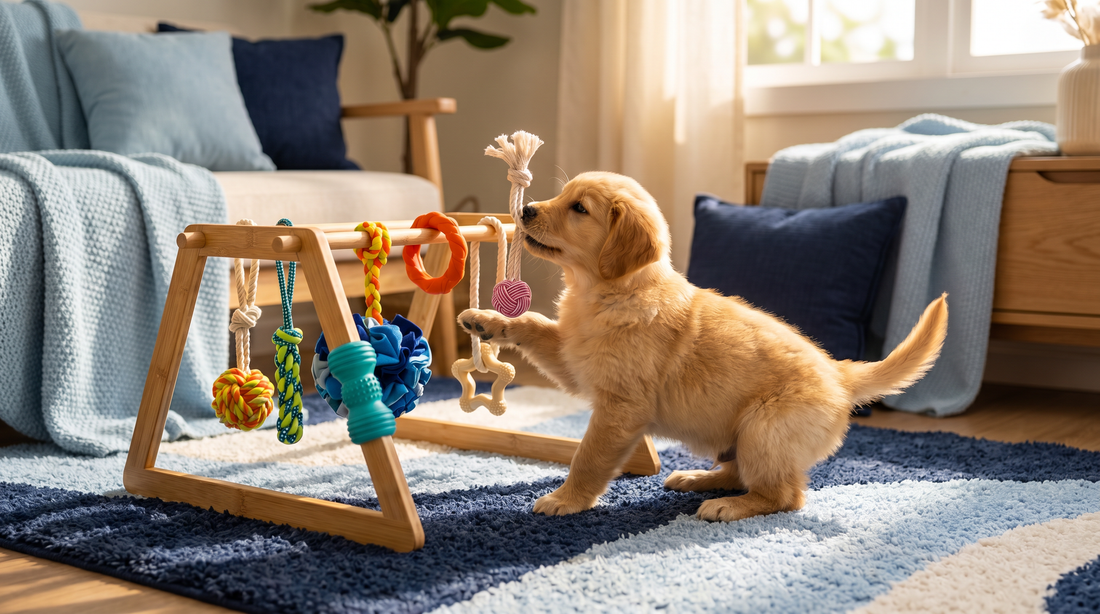 Golden retriever puppy reaching for a toy on the Nurtino bamboo play gym, illustrating the best toys for a golden retriever puppy breed guide
