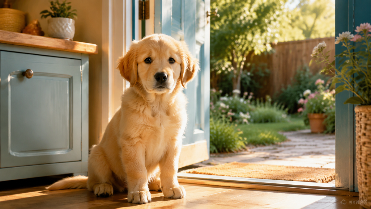 A puppy waiting calmly at an open door leading outside, part of a consistent puppy potty training schedule by age.