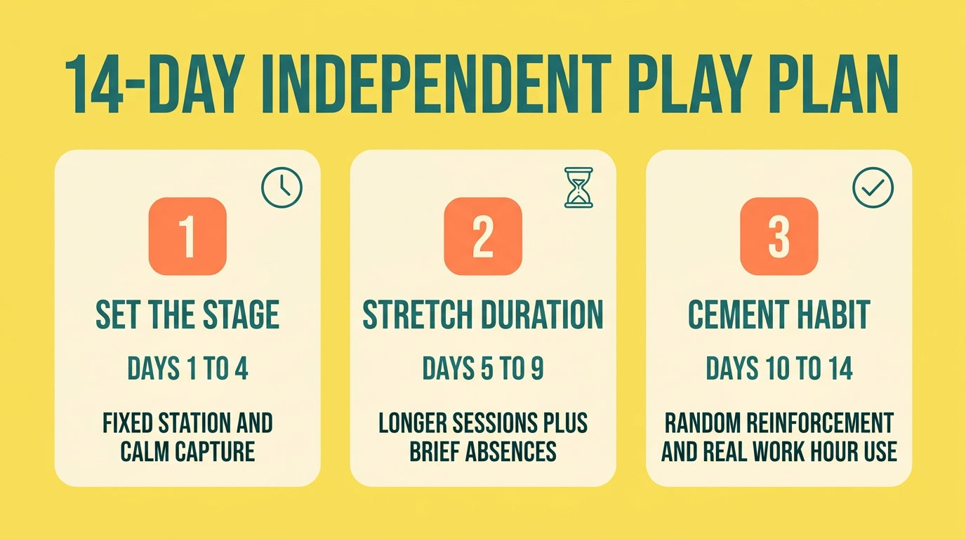 14-day independent play plan: phase 1 days 1-4 set the stage, phase 2 days 5-9 stretch duration, phase 3 days 10-14 cement the habit — Nurtino brand infographic