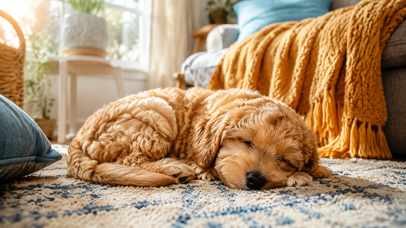 A 10 week old puppy napping in a sunlit living room as part of a balanced daily puppy schedule