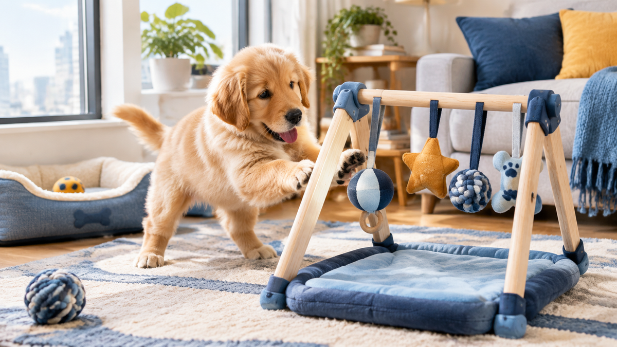 High-energy puppy using a bamboo enrichment station in a small apartment living room corner