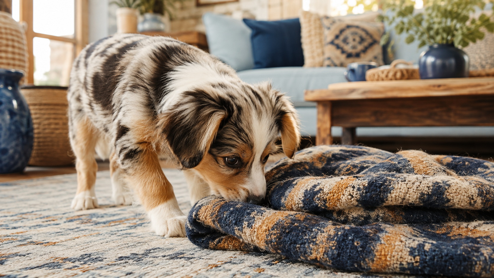 A curious puppy sniffing a new texture indoors, a simple low-pressure exposure during the puppy socialization window