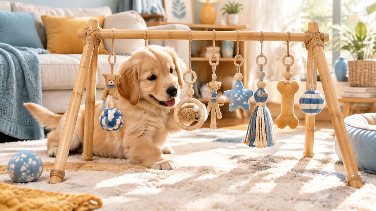 Golden retriever puppy playing beside a natural bamboo puppy play gym, showing why a puppy play gym is safe when supervised