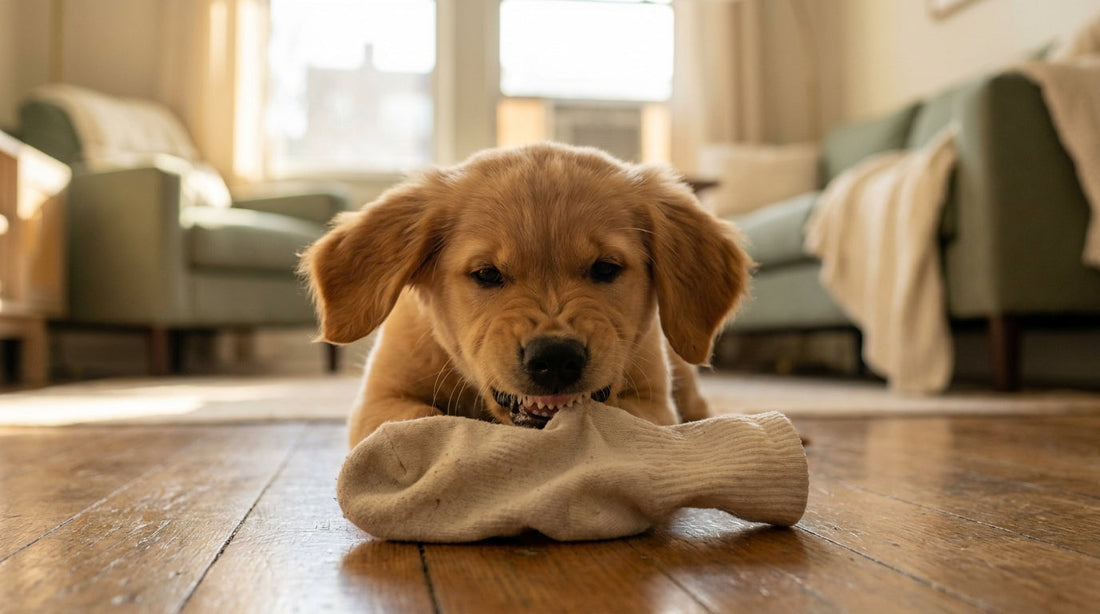 A 12-week-old golden retriever puppy biting a cotton sock on a hardwood floor — the classic landshark moment new puppy parents know