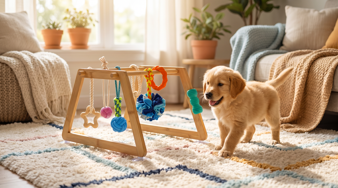 Small puppy beside the Nurtino bamboo play gym, illustrating a calm 8 week old puppy schedule at home