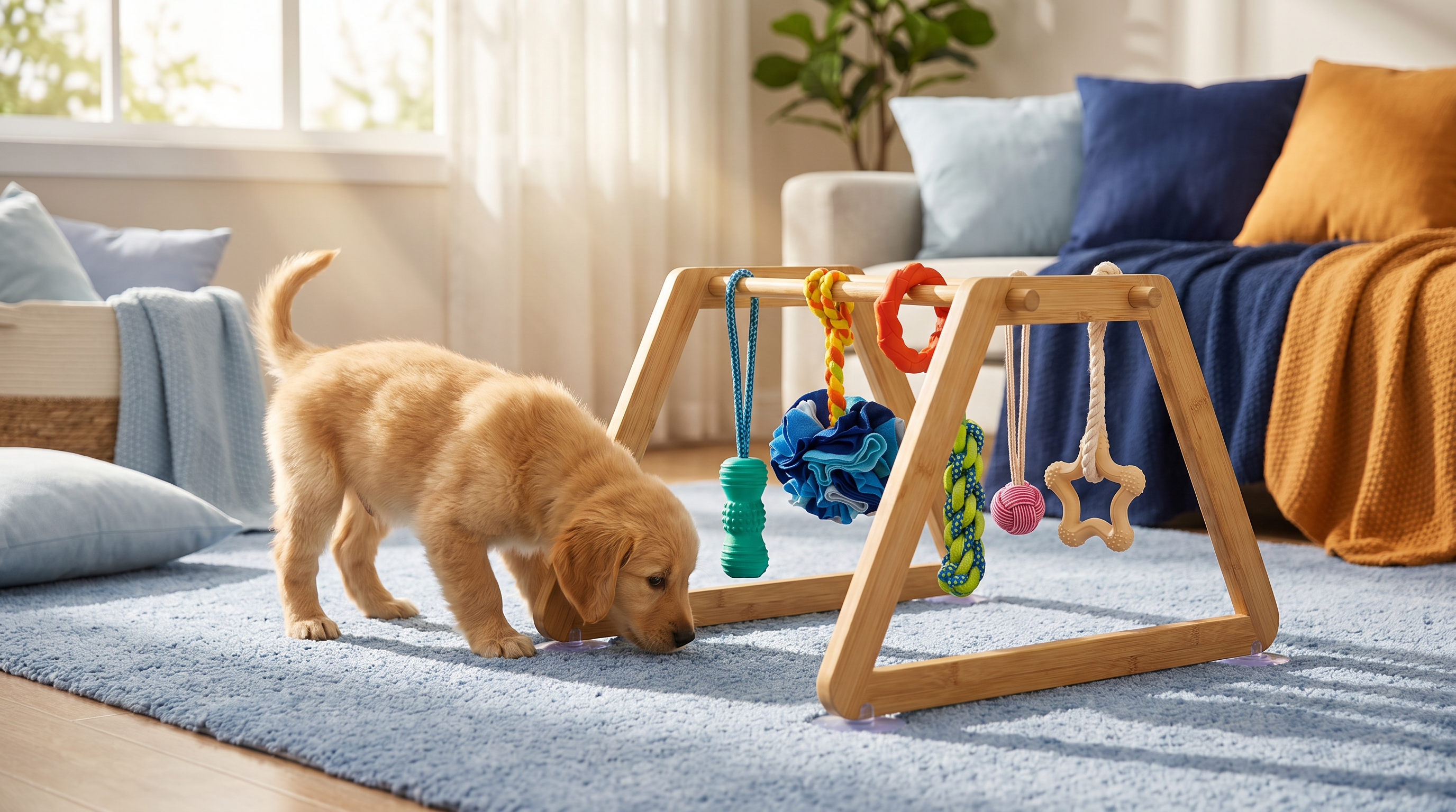 Goldendoodle puppy using a Nurtino bamboo puppy play gym, showing how to use a puppy play gym at home