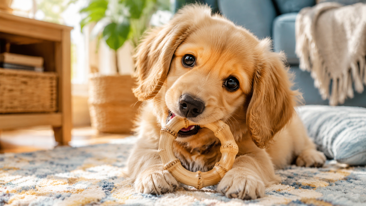A light-colored puppy chewing a bamboo teething ring on a rug, one of the best teething toys for puppies during peak teething weeks