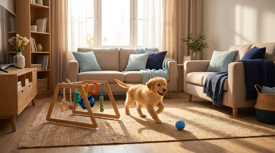 Golden retriever puppy trotting through a sunlit apartment living room during a daily apartment puppy exercise session