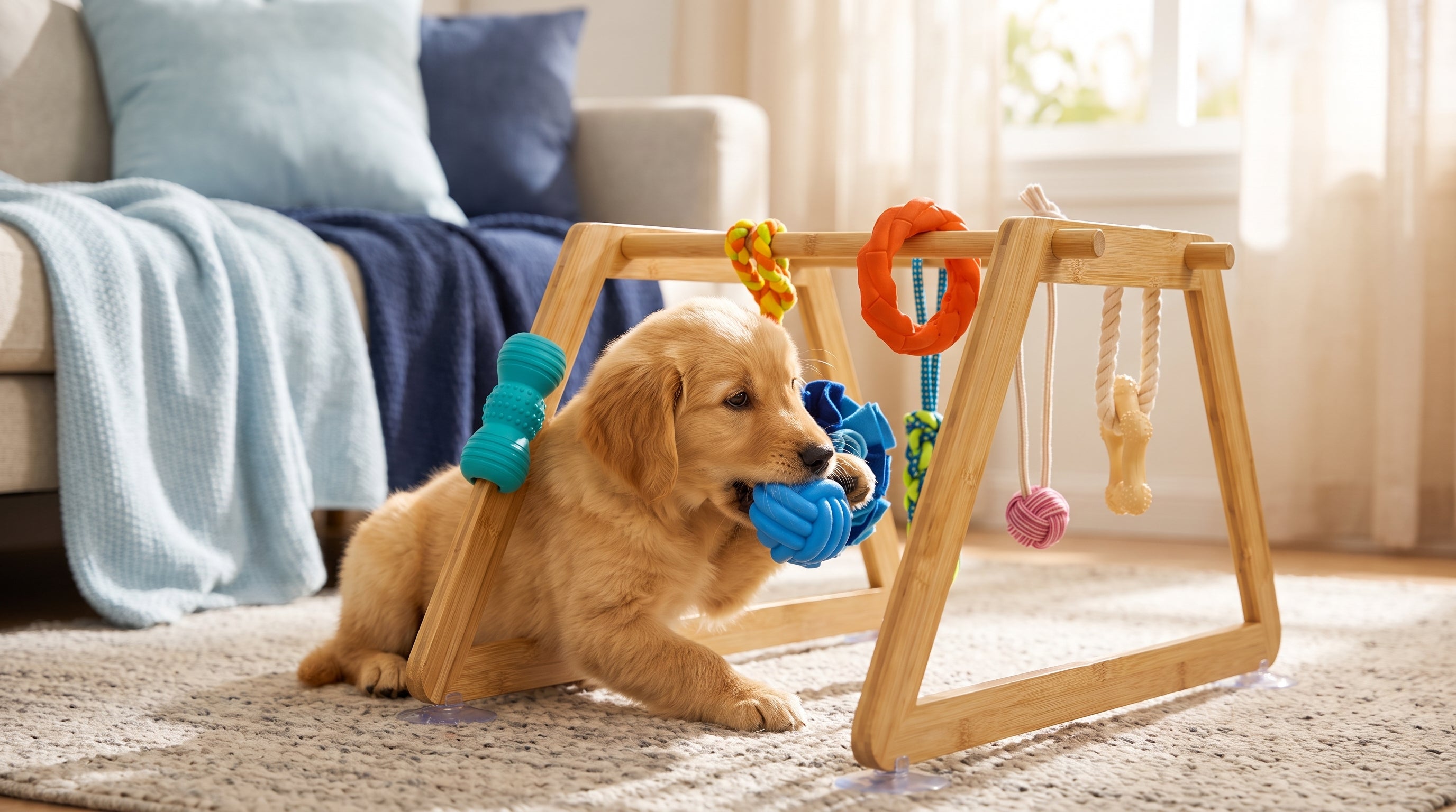 A puppy working through puppy teething stages by chewing the bamboo teething ring on the Nurtino play gym at home