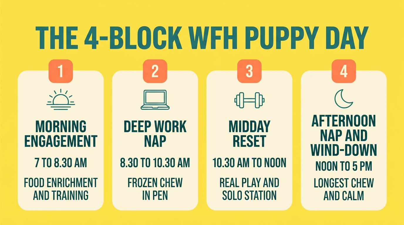 The 4-block WFH puppy day: morning engagement, deep work nap, midday reset, afternoon nap and wind-down — Nurtino brand infographic