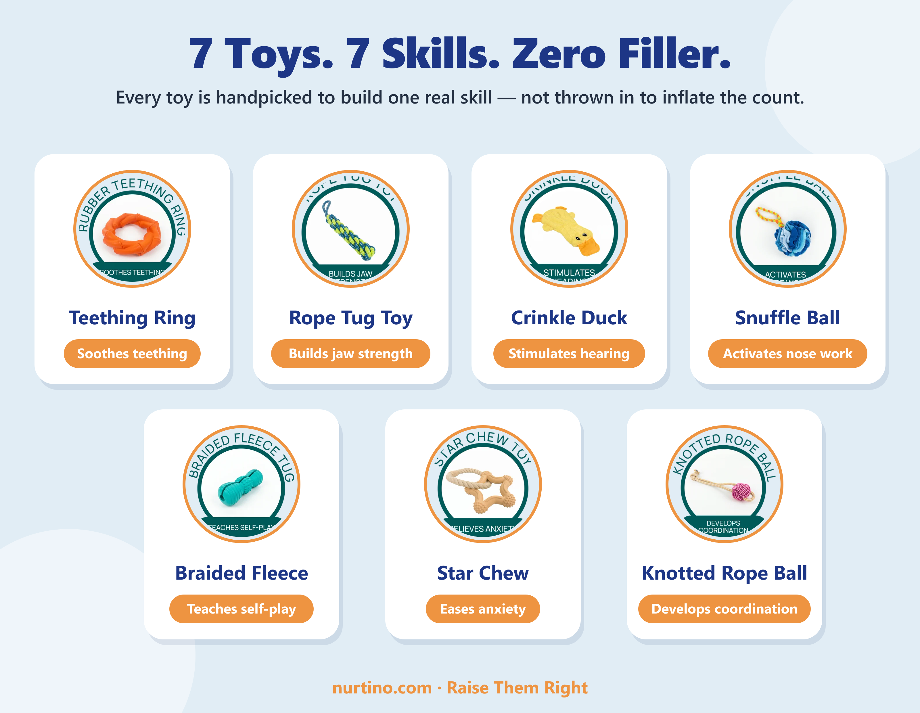The 7 included puppy toys and the skill each one builds