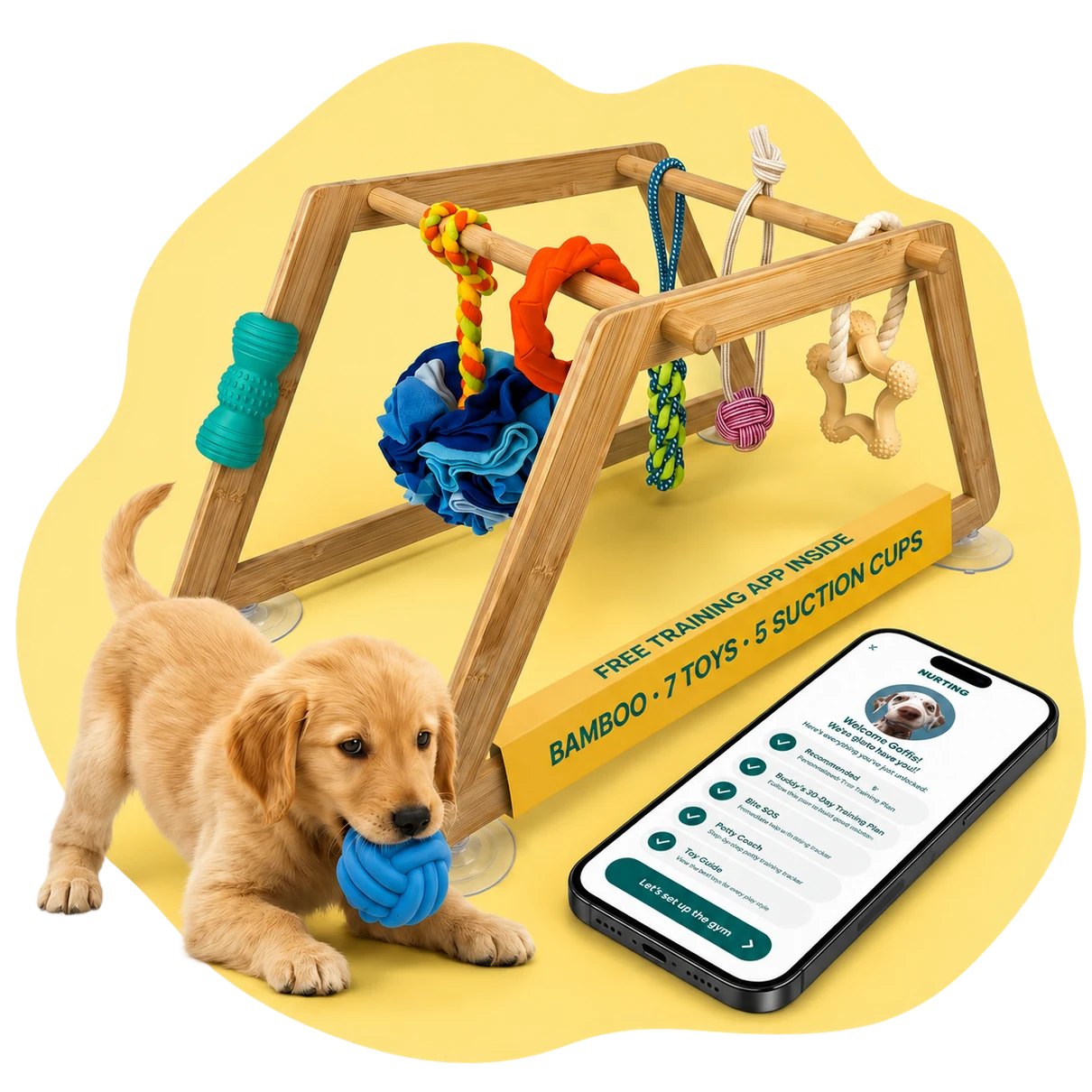 Nurtino bamboo puppy play gym with 7 hanging skill-building toys