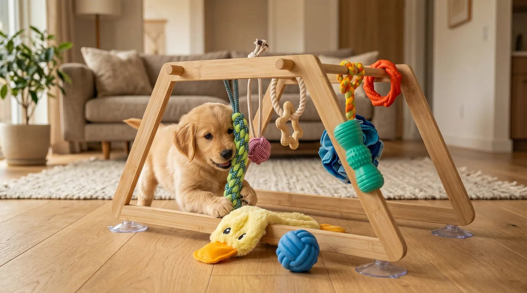 Assembled bamboo puppy play gym frame on a living-room floor