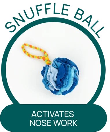 Fleece snuffle ball toy that activates a puppy's nose work
