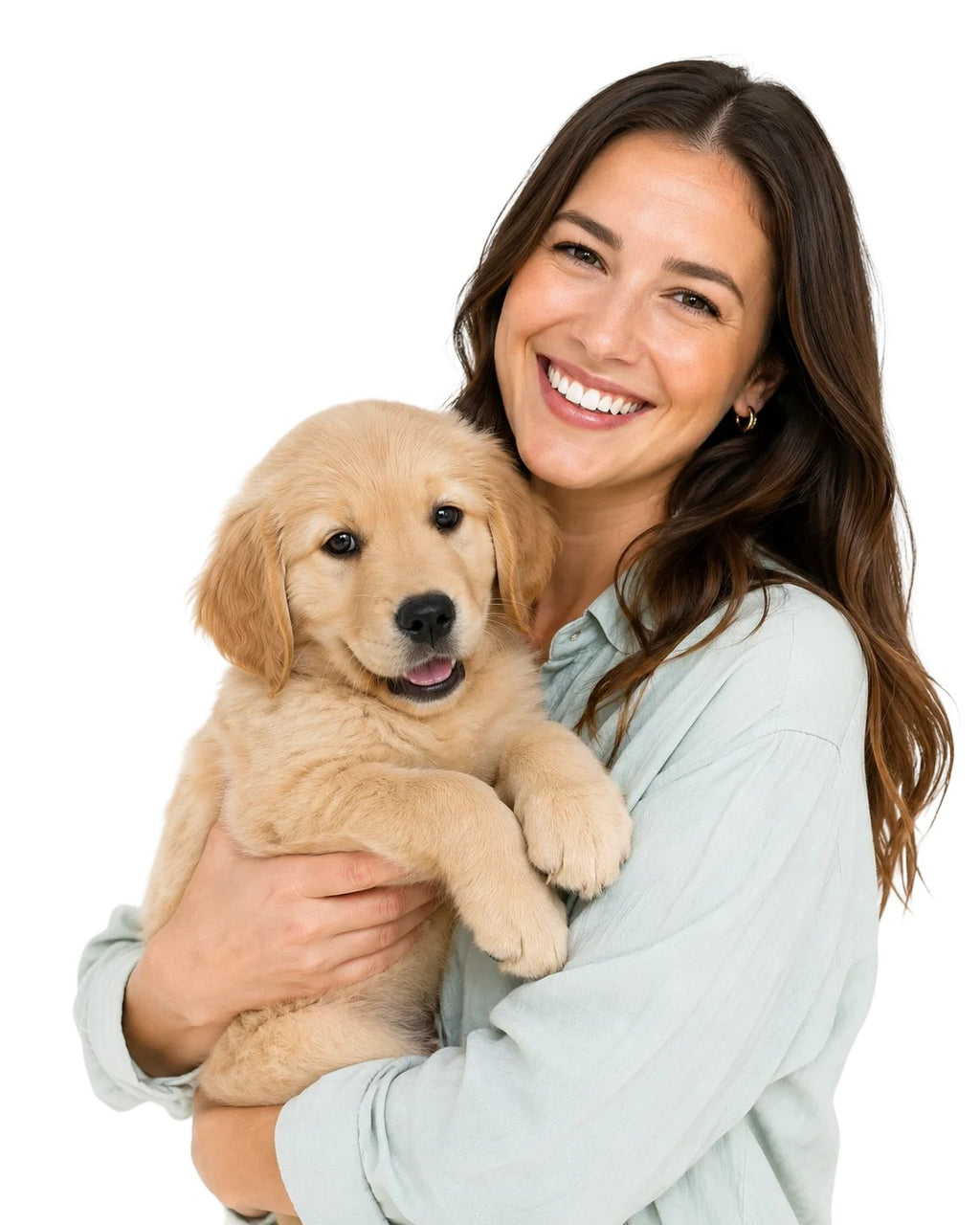 Happy puppy parent holding a golden retriever puppy
