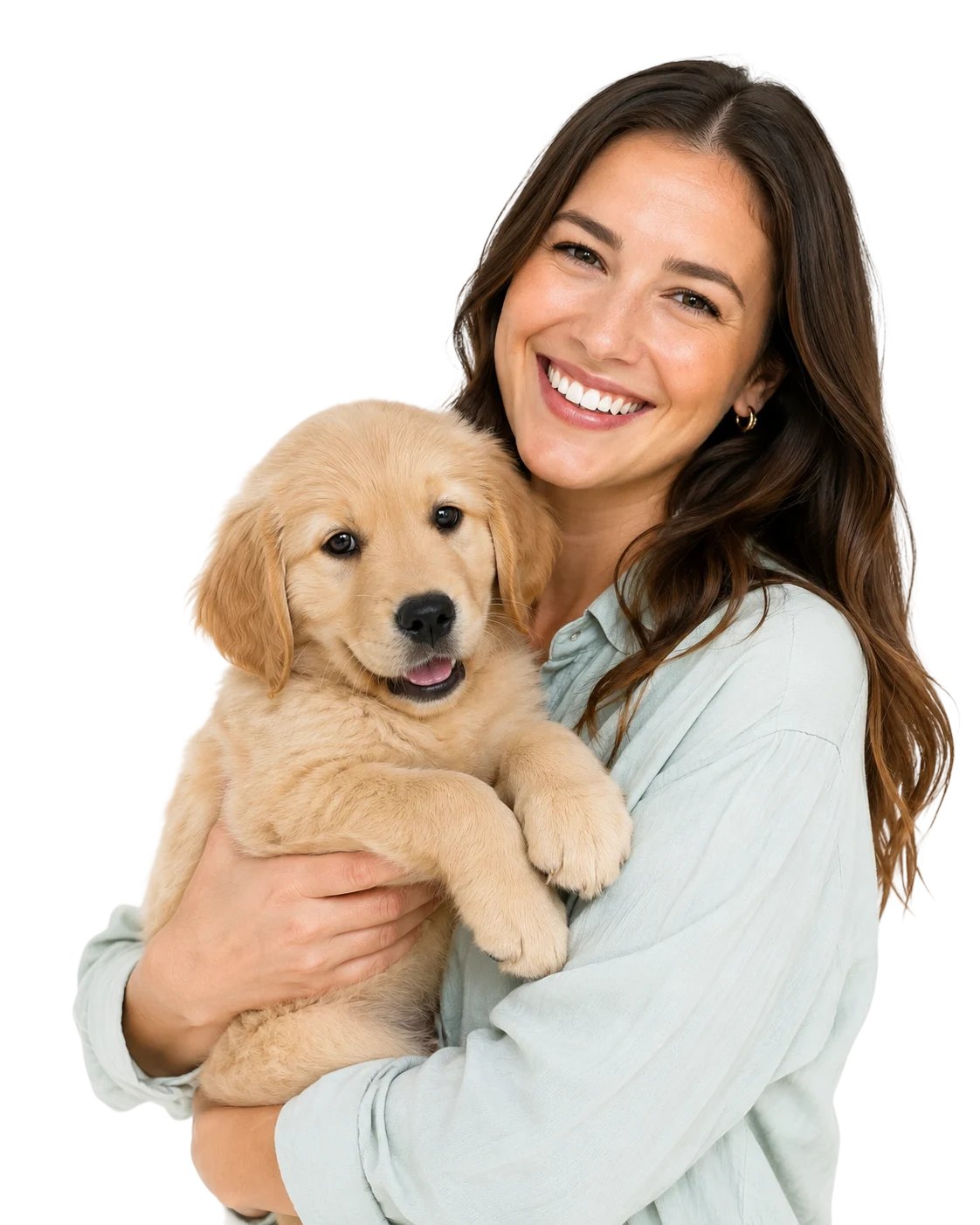 Happy puppy parent holding a golden retriever puppy